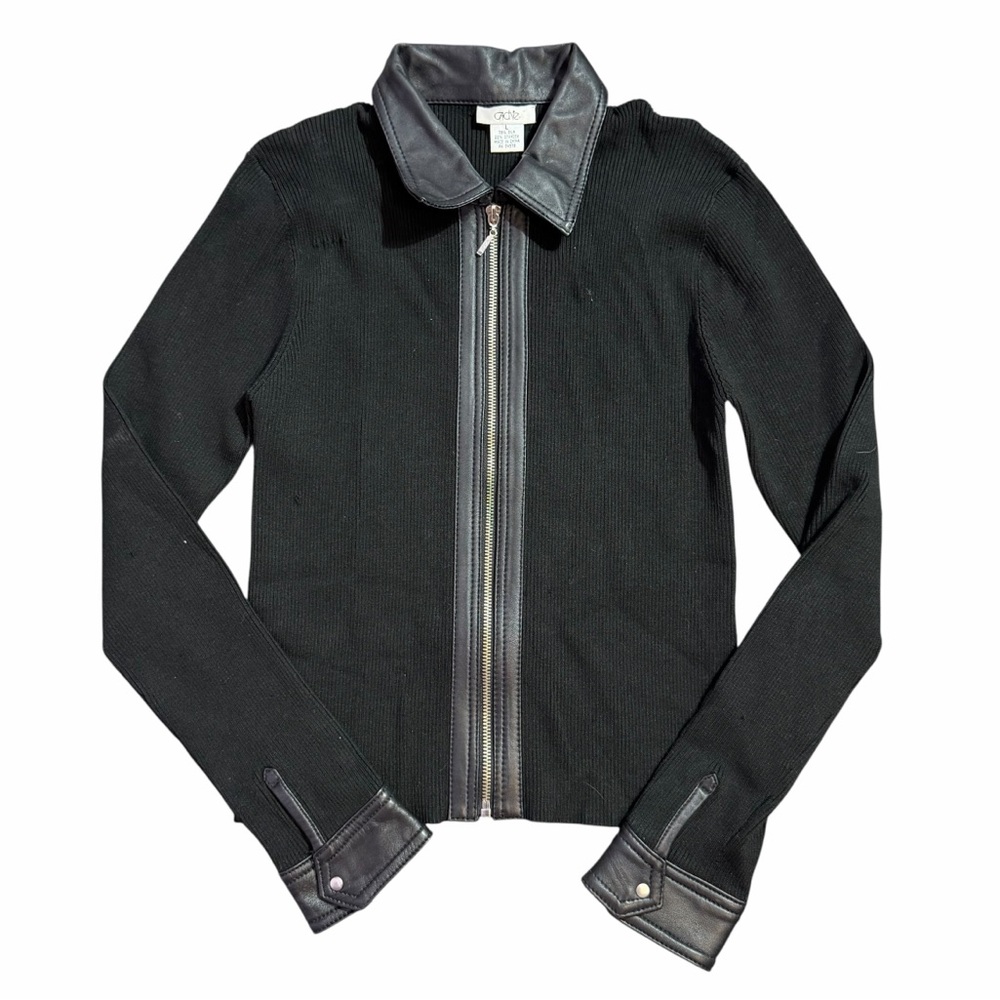 Vintage Y2K Cache Silk Blend Zip Up Sweater Faux Leather Trim Size Large